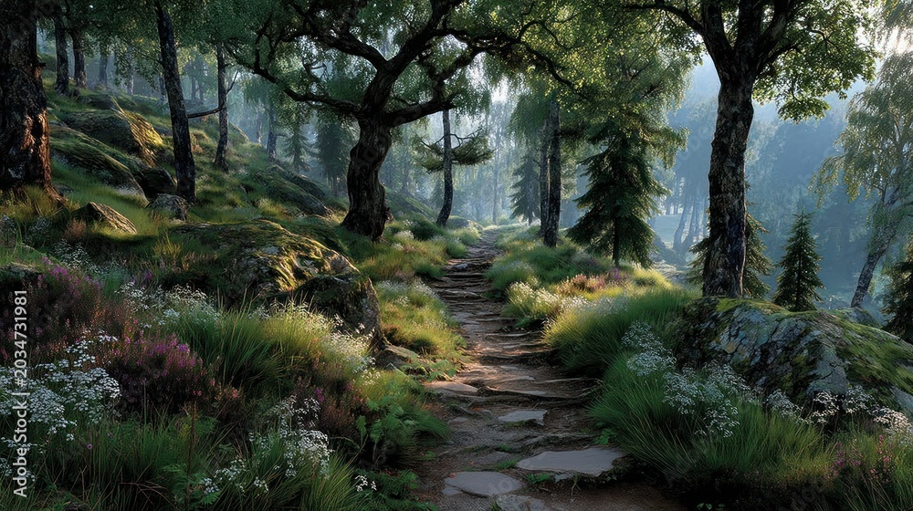 Fototapeta premium Enchanted Forest Path Bathed in Golden Sunlight.