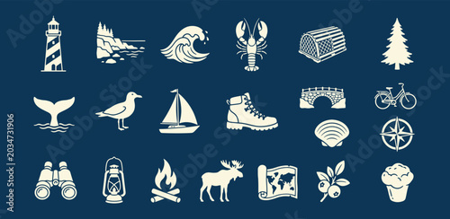Minimalist Acadia coastal woodland icons for outdoor adventure and nautical travel branding projects