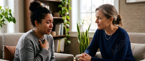Young woman crying while receiving emotional support from counselor at home
