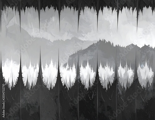 Black and white landscape showing mountains and trees behind a jagged foreground resembling icicles