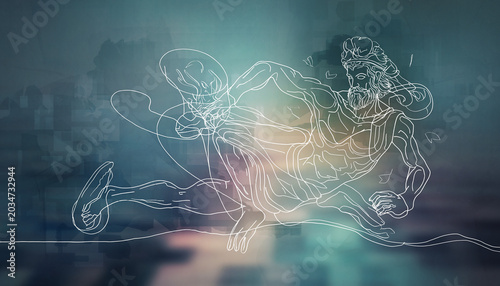 Faded and washed out cinematic color grading over a conceptual composite photograph featuring a classical mythological figure etched in glowing white light against a moody teal backdrop.