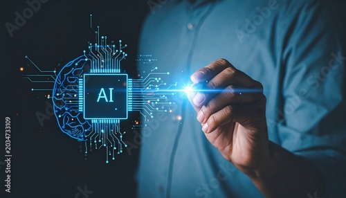 Person drawing holographic AI microchip with stylus