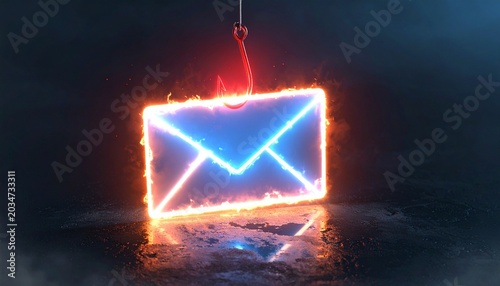Glowing neon envelope pierced by phishing hook
