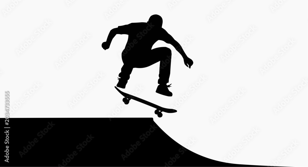 Fototapeta premium Vector silhouette of a skateboarder performing an aerial trick on a ramp