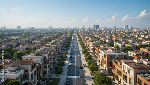 Aerial view of a suburban cityscape with a long straight road lined with trees and buildings on both sides under a blue sky