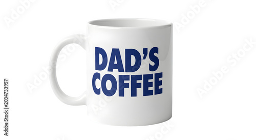 A white coffee mug with 'DAD'S COFFEE' text on a transparent background