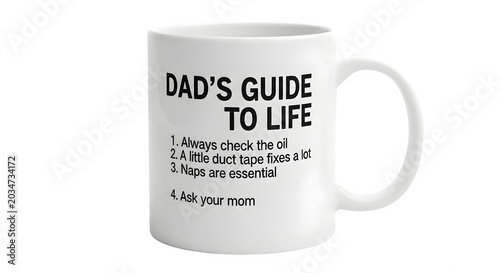 A white mug with a humorous guide to life on a transparent background for dad