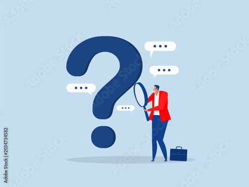 Businessman analyst using magnifying glass to analyze question mark sign. analysis, research and leadership skill to find solution or answer vector