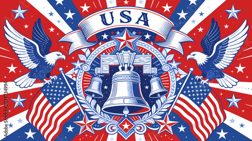 Photos A vibrant illustration celebrating American patriotism with eagles, the Liberty Bell, and the US flag, set against a backdrop of red, white, and blue rays and stars