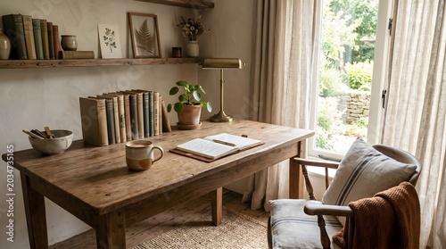 Rustic wooden desk with books and a mug in a cozy room