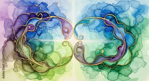 Abstract Alcohol Ink Art with Gold Accents and Vibrant Colors.