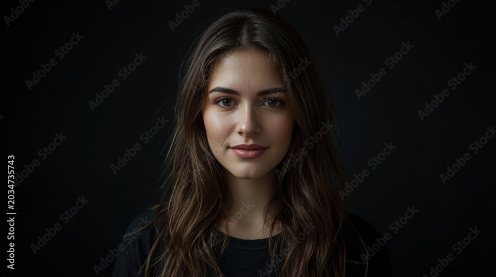 Fototapeta premium Young woman portrait soft smile natural makeup warm expression