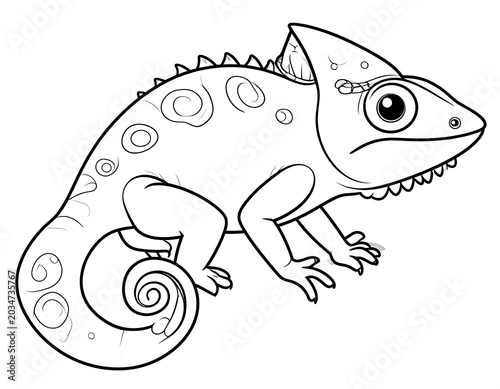 Black and white line art depicting a cartoonish chameleon. It has a curled tail and spots, ready for coloring