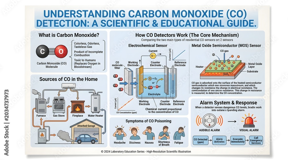 Obraz premium Understanding Carbon Monoxide (CO) Detection: A Scientific and Educational Guide to Gas Formation in Homes, Electrochemical and Metal Oxide Sensors, Alarm Response Behavior and Recognizing Early Sympt