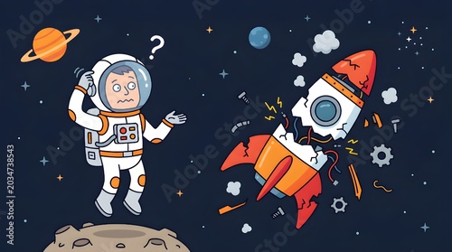 Confused Astronaut and Damaged Rocket in Space