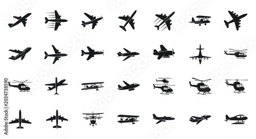 Fotografi Airplane and Helicopter Icons Set: Vintage and Modern Aircraft Silhouettes