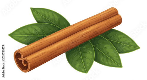 Photos Two Cinnamon Sticks and Green Leaves Isolated.