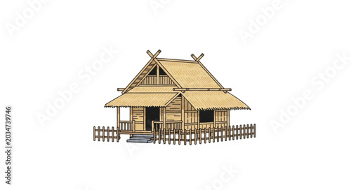 Schilderij op canvas Traditional Southeast Asian Hut With Thatched Roof and Wooden Fence