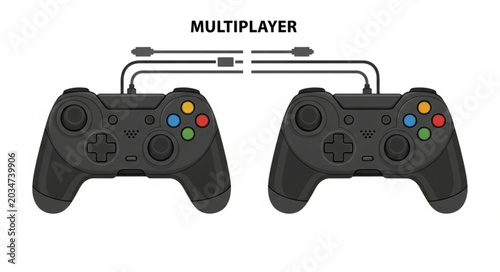 Fotografie Two black video game controllers connected for multiplayer gaming