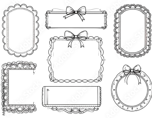 Black and white line art featuring an assortment of decorative frames and borders with various shapes and bow embellishments