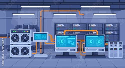 Advanced Cryptocurrency Mining Facility with Rows of Servers Representing Digital Asset Generation