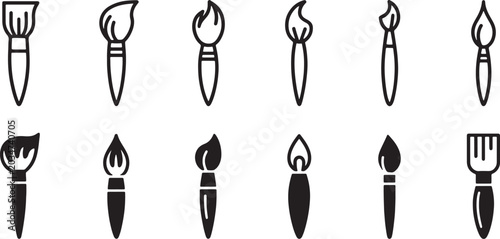 Foto Set of twelve minimalist matchstick icons with flames and matchsticks isolated o