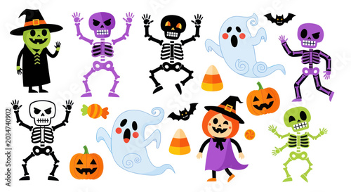 Foto Cute Halloween Characters: Skeletons, Ghosts, Witch, Pumpkin, Candy