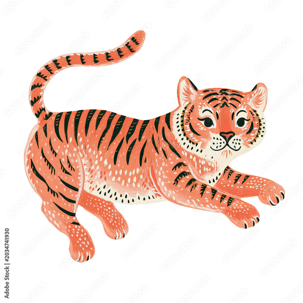 Fototapeta premium Playful cartoon tiger, featuring vibrant orange and black stripes.
