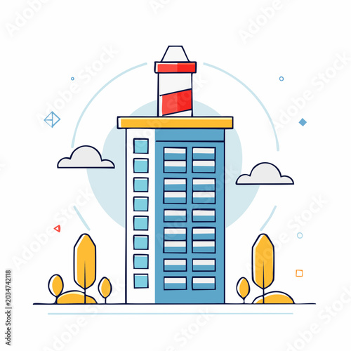 Modern Building Illustration with Stylized Trees and Clouds