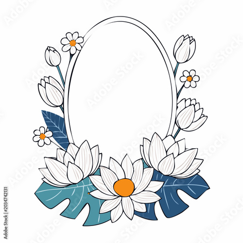Oval Frame with Lotus Flowers and Leaves