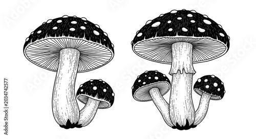 Foto Two detailed illustrations of spotted mushrooms.