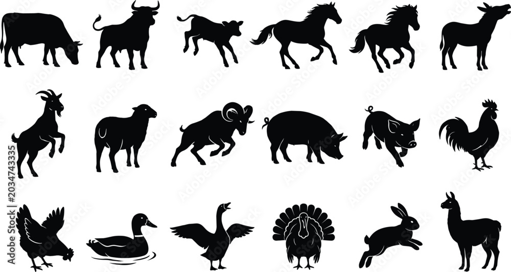 Fototapeta premium Farm animal silhouette vector set featuring cow, horse, pig, sheep, goat, poultry, rabbit, and llama illustrations
