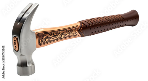 A hammer with a brown handle and gold accents on a surface