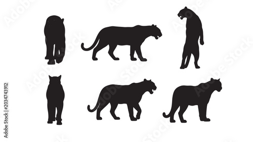 Tableau sur toile Panther Silhouette Set with Six Black Feline Poses for Icon, Logo, and Wildlife