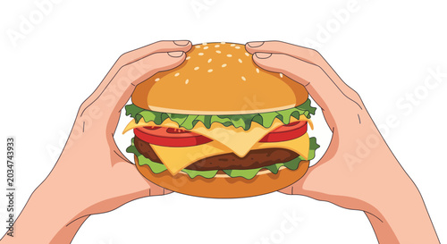 Hands Holding Delicious Burger with Cheese, Lettuce, Tomato and Beef Patty
