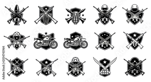 Slika na platnu Military Emblems with Weapons, Helmets, and Motorcycles - Vector Icons