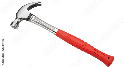 A hammer with a red handle is lying on a transparent background