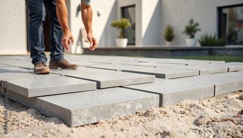 Skilled hands laying gray concrete pavers in a house courtyard on leveled sand base, daylight, crisp texture.