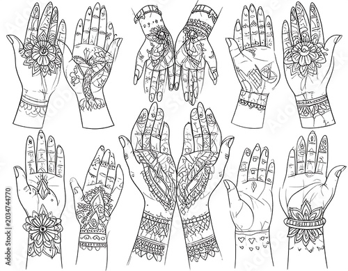 Black and white line art illustrates ten hands with intricate henna designs, depicting various palm and back views