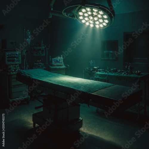 Dark Surgical Operating Room with Dramatic Medical Lighting and Empty Operation Table