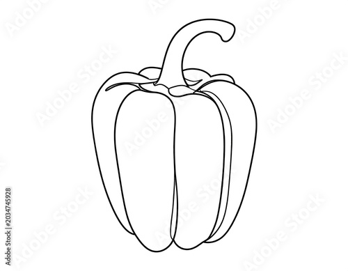 Black and white line art of a bell pepper, showing the shape of the vegetable. The stem and body of the pepper are visible