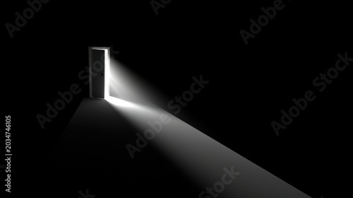 ajar. A beam of light streaming through a doorway into a dark, empty corridor. real-estate listings, architecture portfolios, designed for interior renovation comparisons for interiors.