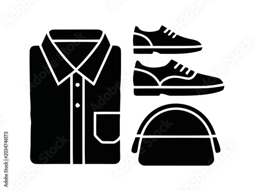 Collection of stylish black clothing and accessories including a collared shirt, shoes, and a bag, perfect for fashion and apparel themes