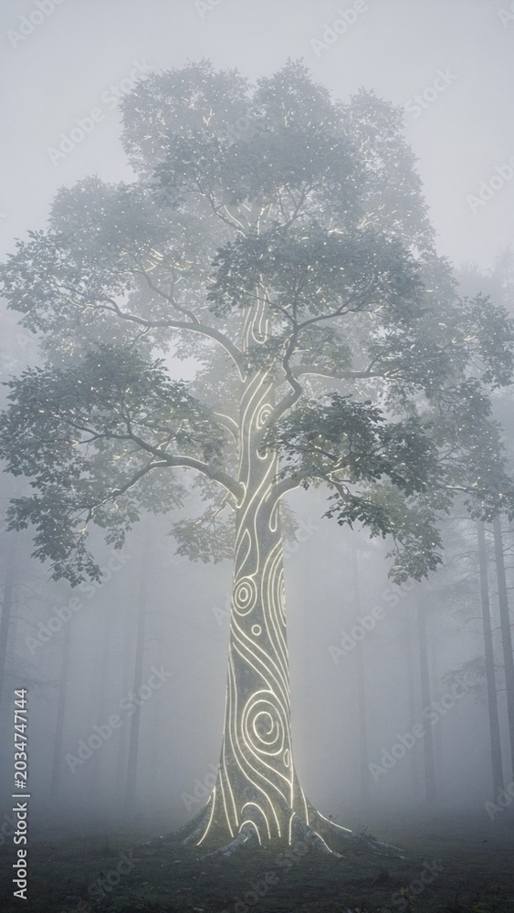Obraz premium Glowing Ethereal Magic Tree In Mystical Foggy Forest.