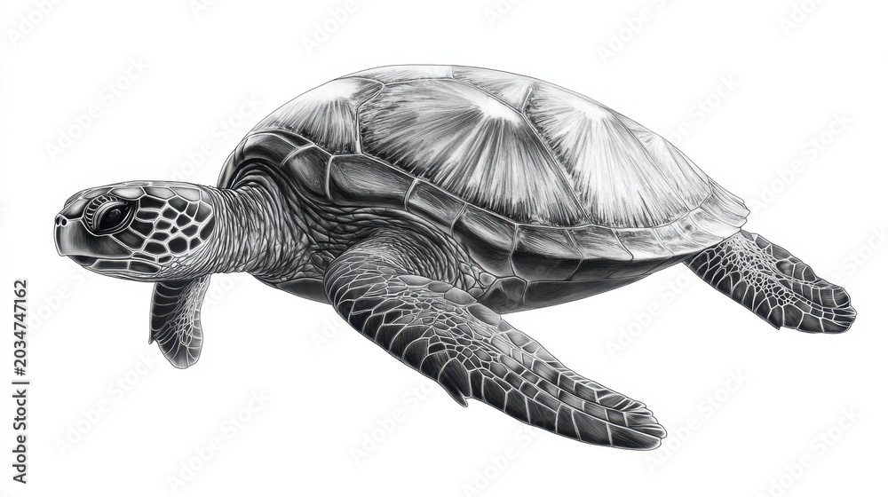 Obraz premium Detailed sea turtle sketch swimming underwater marine wildlife illustration ocean animal nature art