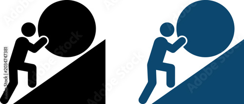 Quadro su tela Man pushing a large boulder up a hill, struggle and effort concept