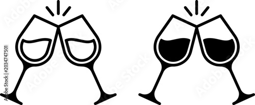 Bild auf Leinwand Two wine glasses clinking together, celebration toast icon set