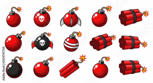 Foto Explosive Bombs and Dynamite Sticks Collection, Cartoon Style
