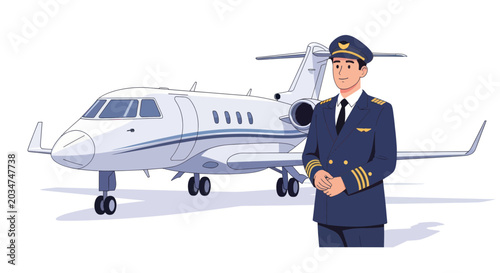 Canvastavla Pilot in uniform standing next to a private jet airplane, aviation concept