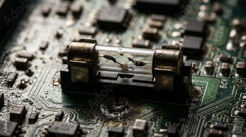 Blown glass fuse on a damaged circuit board.